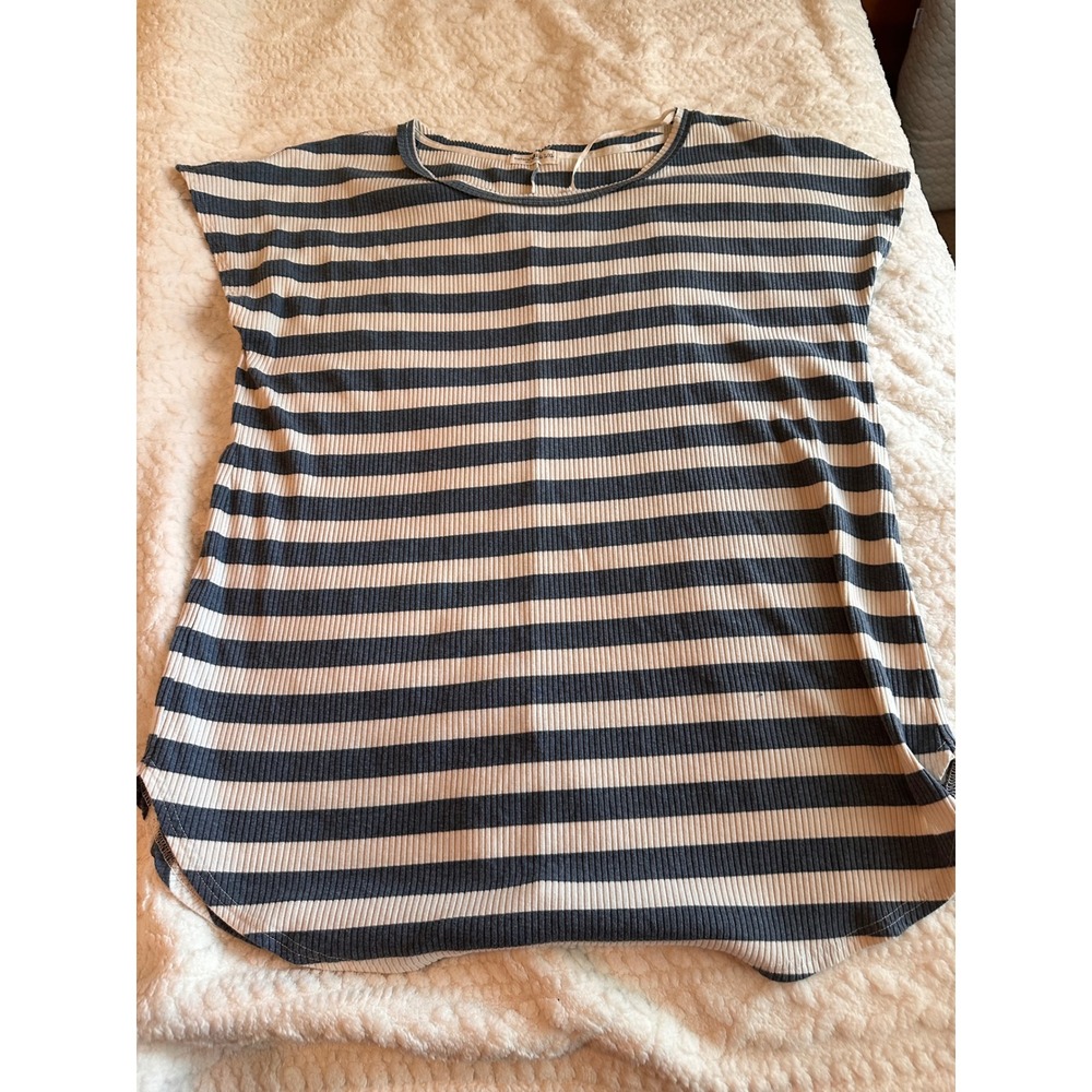 Natural Life Women Blue Cream Striped Ribbed Knit Tunic Top L/XL Short Sleeve